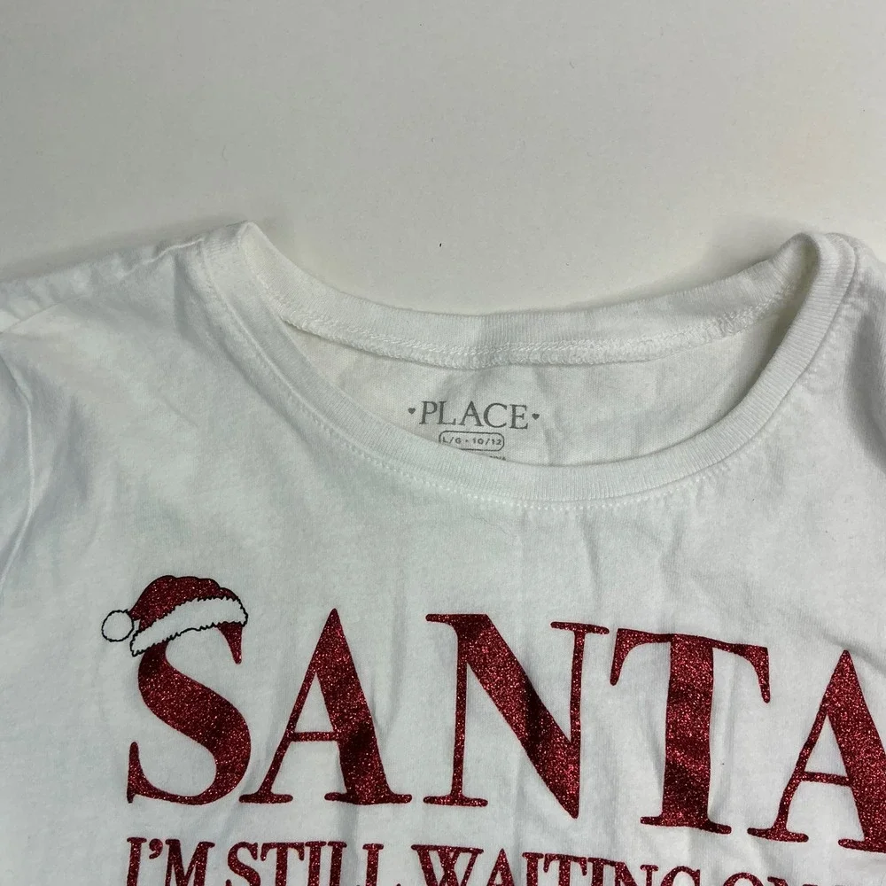 The Children's Place White Graphic Tee Kids Size 10/12 Santa Unicorn Glitter